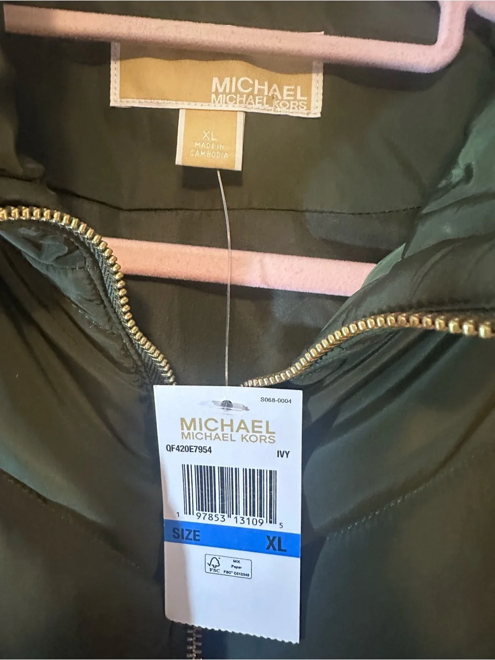Michael Kors Ivy Green Chevron Quilted Puffer Vest XL NWT